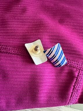 Blue and Silver Striped Geometric Stud Earrings